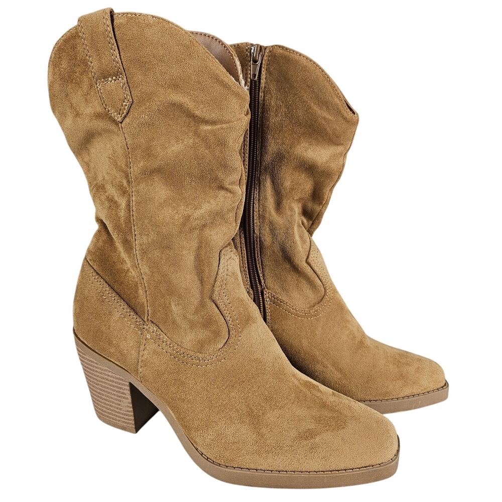 POP WOMEN'S FRAMEWORK COWBOY LIGHT BROWN SUEDE-LOOK BOOTS – SIZE 7M – 3" HEEL